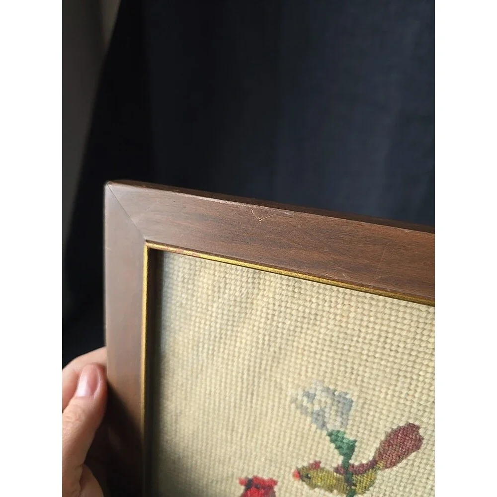 Vintage Framed Handmade Embroidery Needlepoint Red Bird Cardinals With Flowers